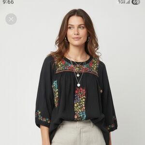 Black Embroidered Floral Peasant Tunic Mini Dress Retro Festival Boho M